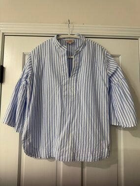 Trends Women's Small Blouse 100% Cotton Blue & White Striped 3/4 Bell Sleeve